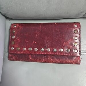 Patricia Nash Varesse Distressed Leather Studded Bifold Wallet Berry Red Tooled